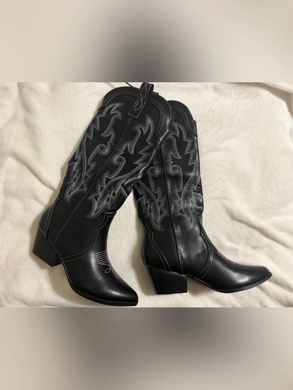 Women’s Black Western Knee-High Boot with White Stitching
